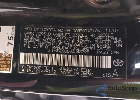 2008 Toyota Prius z USA, uszkodzony, nr VIN JTDKB20U883343795